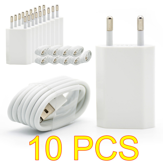 10PCS/Lot EU Plug White Color Wall USB Charger For iPhone 8 Pin Charging Cable + Charger Adapter For